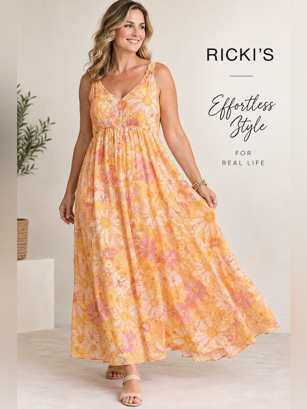 NWT Ricki’s XL Yellow Pink Floral Flowy Maxi Dress